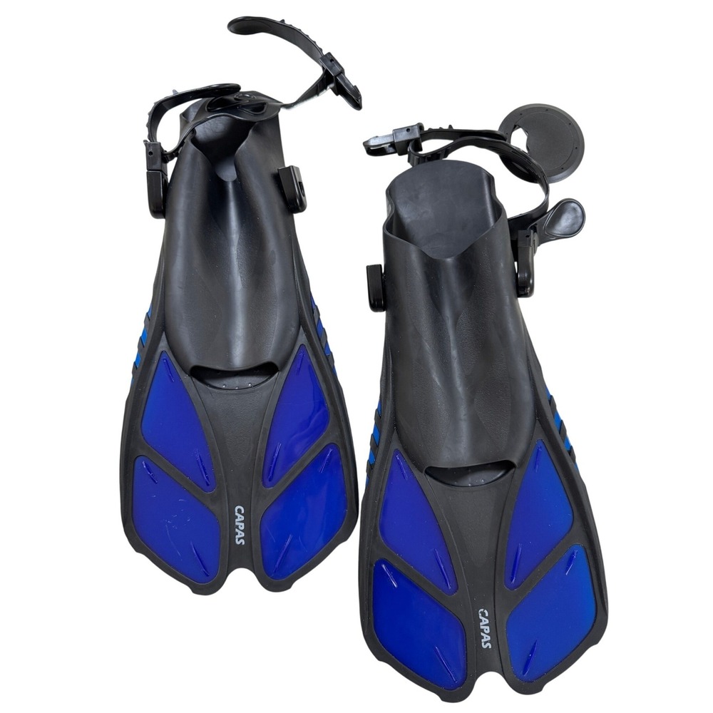 CAPAS Snorkeling Fins Blue Black Open Heel Adjustable Travel Size ML/XL 9-13